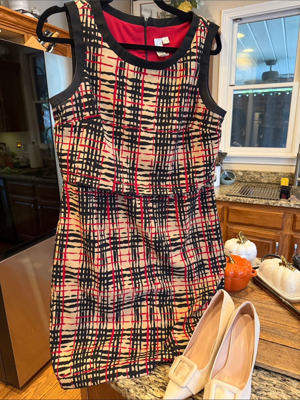 Emma & Michele Sleeveless Plaid Shift Dress in Beige, Black & Red